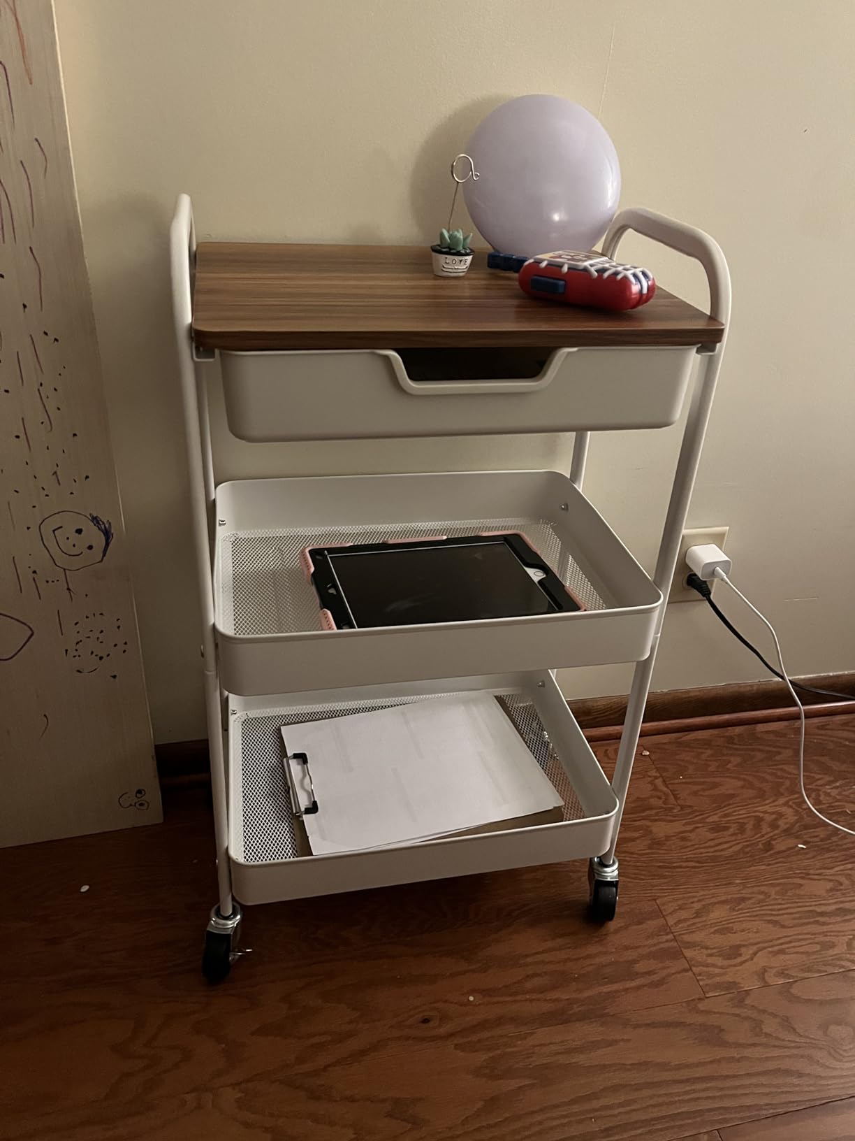 TOOLF 3-Tier Utility Rolling Cart with Wooden Board and Drawer, Metal Storage Cart with Handle, Black Trolley Kitchen Organizer Rolling Desk with Locking Wheels for Office, Classroom, Home, Bedroom customer photo 1