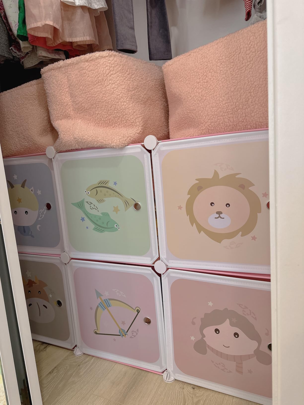 Costzon Kids Closet, Cartoon DIY Modular Dresser Storage Organizer with 12 Cubes & 2 Clothes Hanging Rack, Portable Armoire for Baby Toddlers, Kids Wardrobe for Bedroom Nursery (Pink) customer photo 2