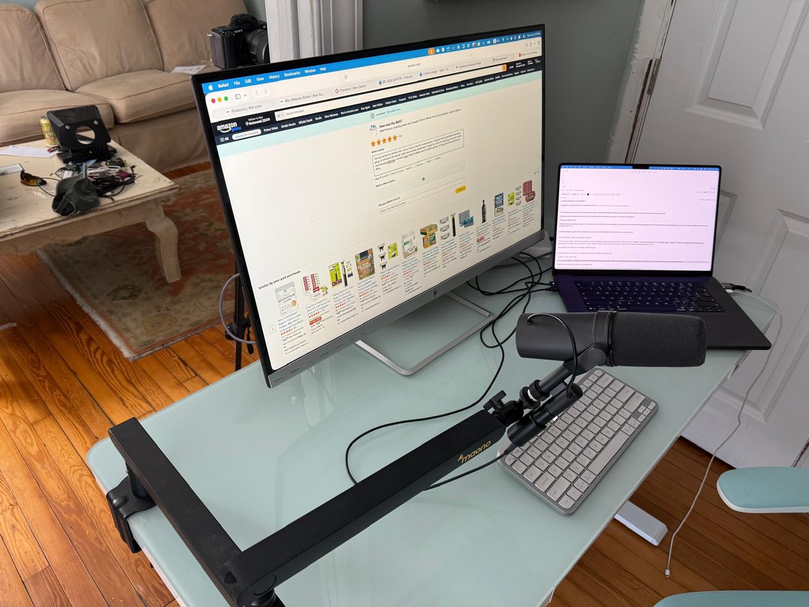 BANTI 55 Inch One-Piece Standing Desk with Glass Top and Drawer, White customer photo 2