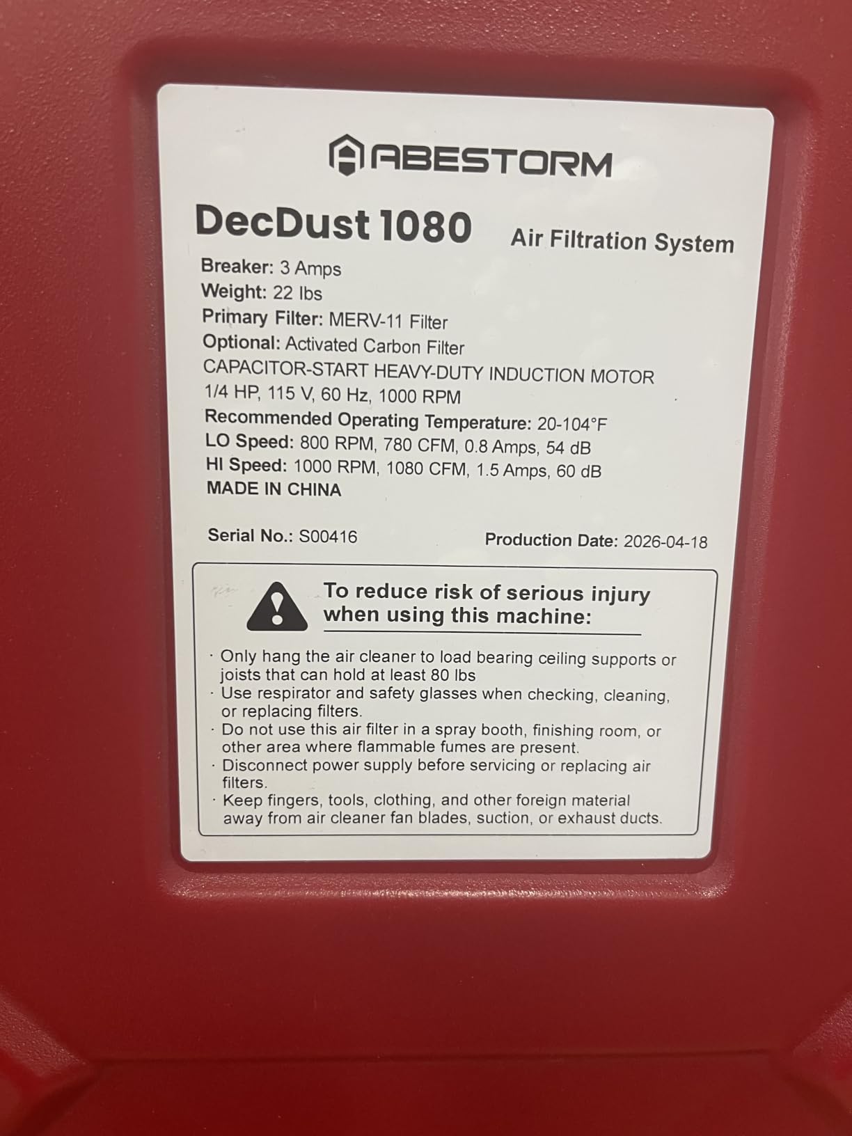 Abestorm 1080 CFM Intake Air Filtration System, 270 Degree Workshop Dust Collector with Remote Control, Ceiling Mounted for Woodworking Shops and Garage, 2-speed Adjustment, DecDust 1080 customer photo 1