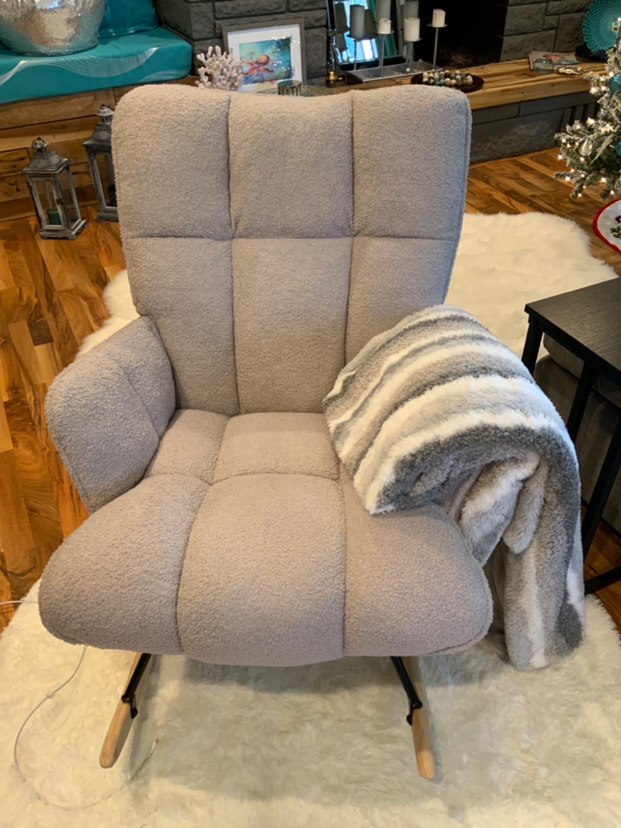 Rocking Chair Nursery Teddy, Upholstered Baby Fluffy Glider Rocker for Adults Indoor, Comfy Sherpa Compact Nursing Chairs for Small Spaces, Living Room, Classroom, Bedroom, Green customer photo 2