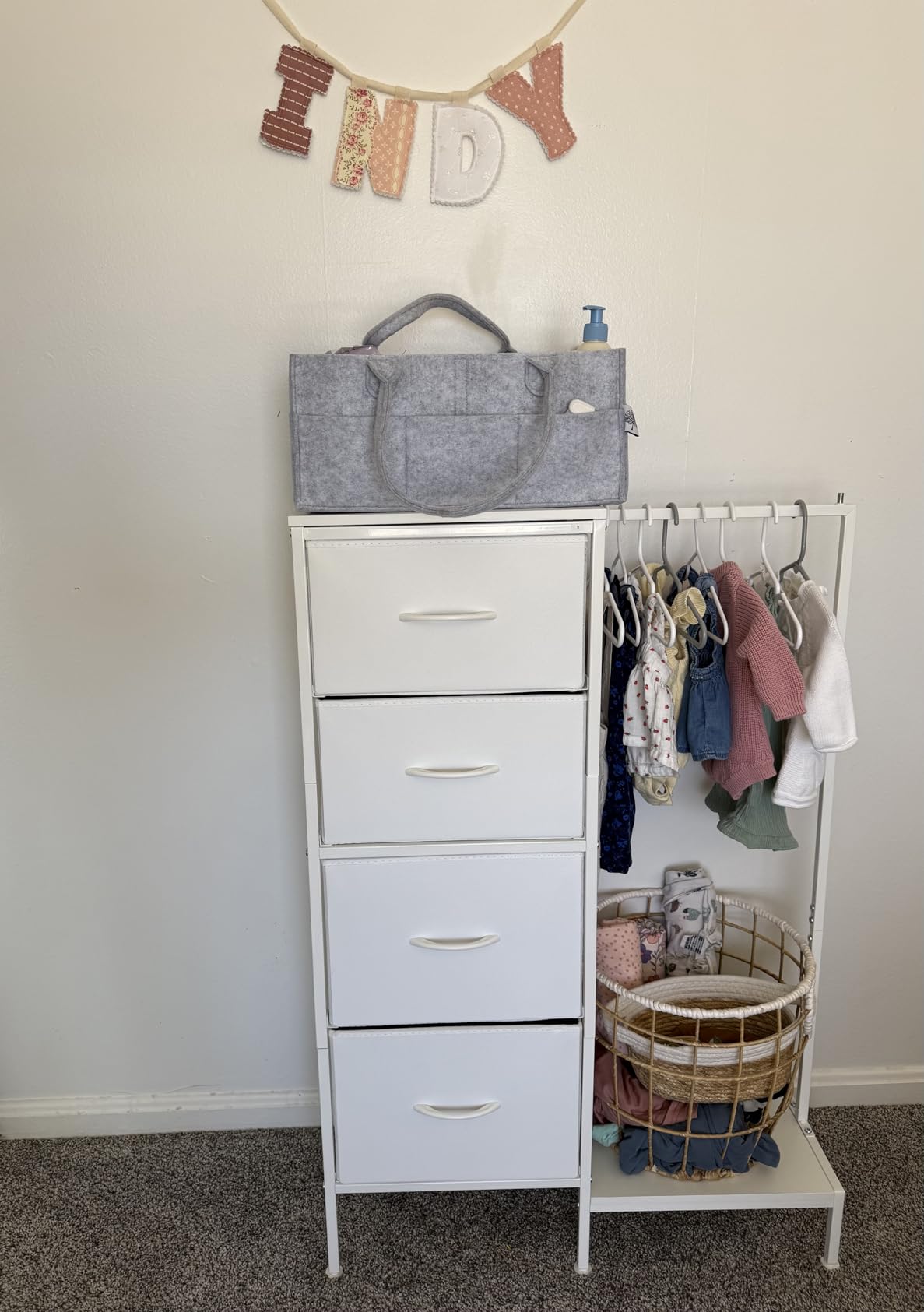 HIGDBFE Tall Dresser 44''H with Hanging Rack, 4 Drawers Small Closet Dresser for Bedroom, Reversible Fabric Chest of Drawers with Clothes Rack, Tall Storage Tower, Sturdy Frame, White customer photo 1