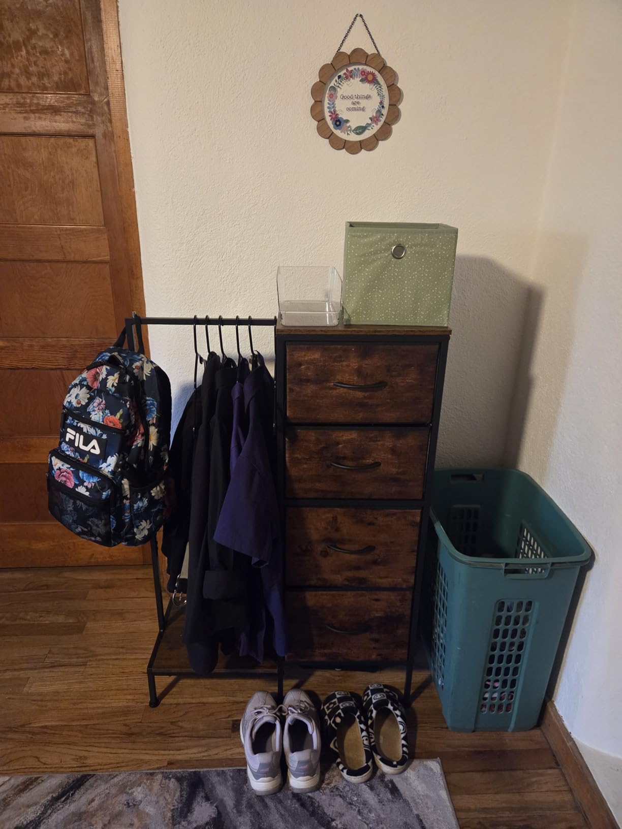 HIGDBFE Tall Dresser 44''H with Hanging Rack, 4 Drawers Small Closet Dresser for Bedroom, Reversible Fabric Chest of Drawers with Clothes Rack, Tall Storage Tower, Sturdy Frame, White customer photo 2