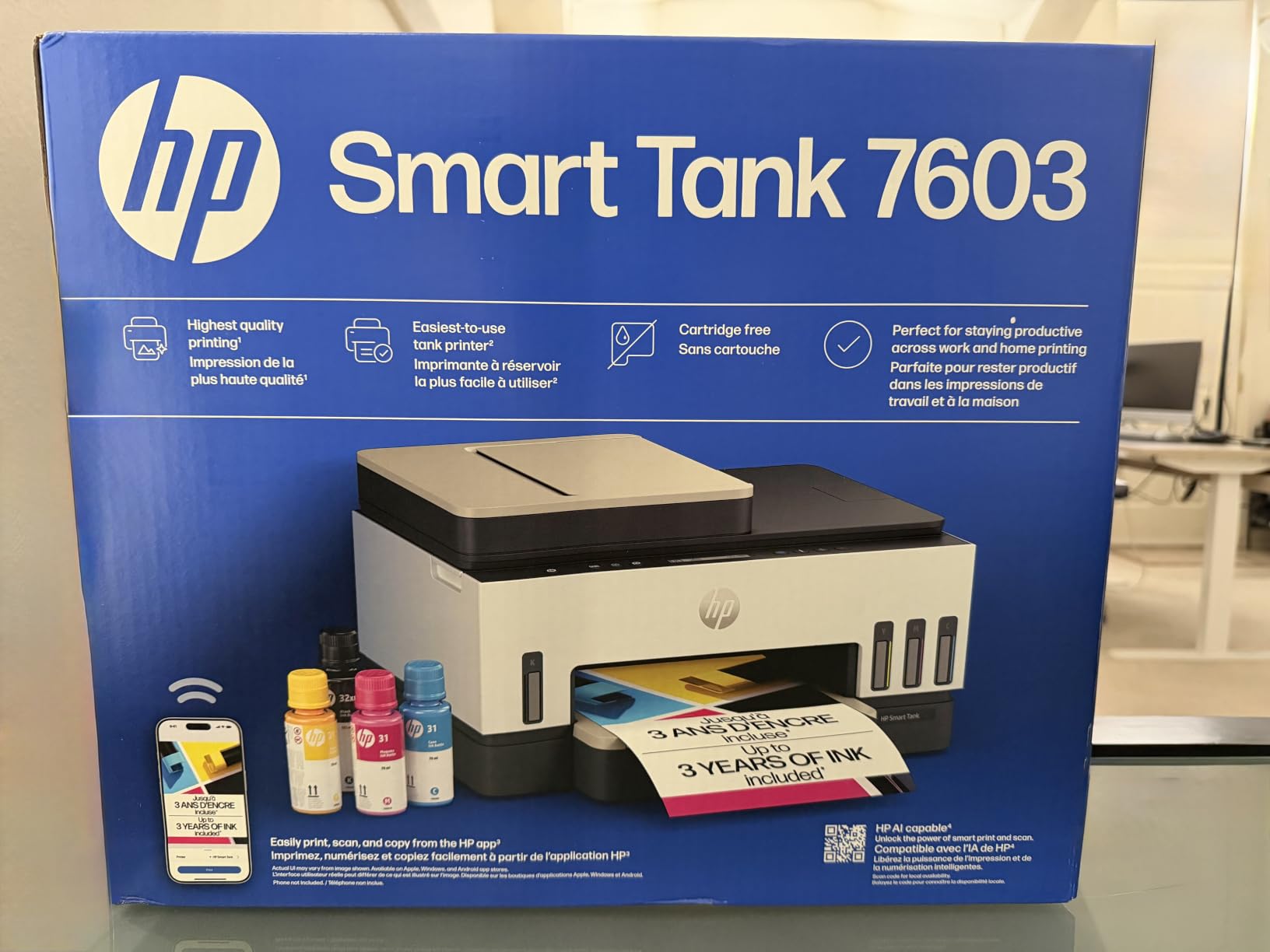 HP Smart Tank 7603 Wireless All-in-One Ink Tank Printer, Scanner, Fax, Copier with up to 3 Years of Ink Included, Best-for-Home Office, Cartridge-Free Refillable, AI-Capable (9B5D1A) customer photo 2